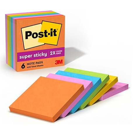 Post-it Super Sticky Notes, 3x3 in, 6 Pads, 2X The Sticking Power, Energy Boost Collection, Bright Colors (Orange, Pink, Blue, Green),Recyclable (654-6SSAU)